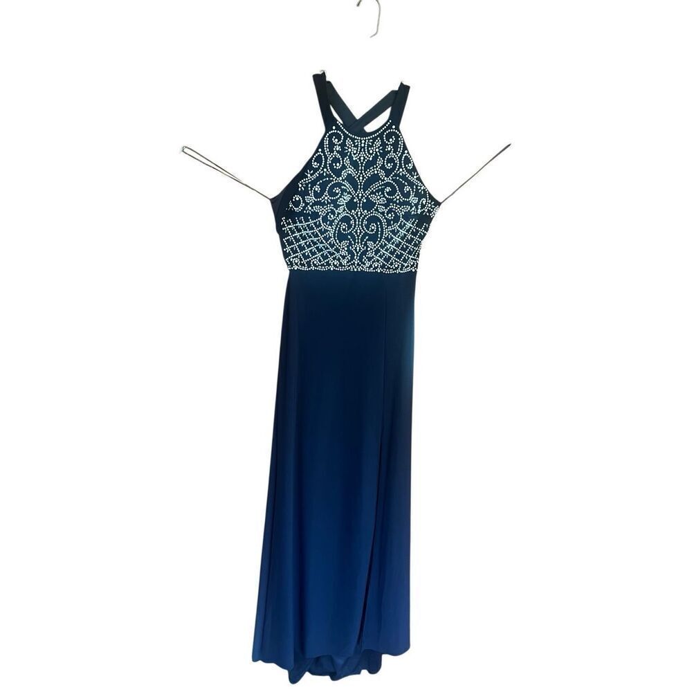 Morgan & Co Strapy Open Criss Cross Back  Maxi Gown  Dress Sz 7/8 Navy/White NWT